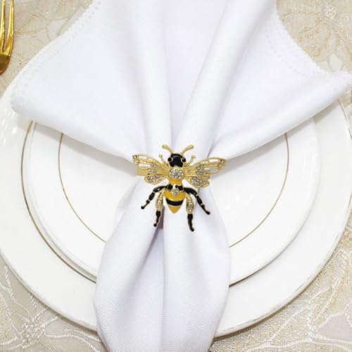 Bee Napkin Rings Set of 6, Gold Bee Napkin Holders with Rhinestones | Serviette Buckles Metal Holder for Cloth Napkins, Party Table Decor Banquet Wedding Birthday Thanksgiving Holiday Daily Use