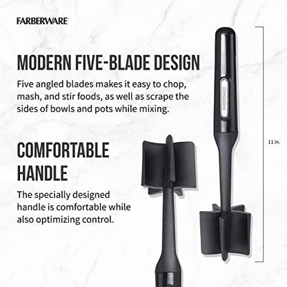 Farberware Meat Masher and Chopper Tool with 5 Beveled Blades - Ground Beef Chopper, Potato Masher, Batter Stirrer - Heat Resistant to 450 F, Dishwasher Safe - color: Black