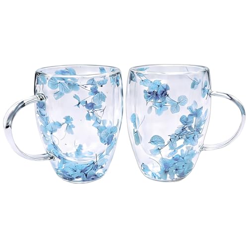 Viovian 13oz Double Wall Glass Coffee Mugs Set of 2 Insulated Glass Coffee Cups with Handles,Clear Dried Flower Tea Mug for Hot Beverages,Tea Cup Women Birthday Gifts - color: 13oz double wall glass mugs set of 2（Blue Hydrangea）