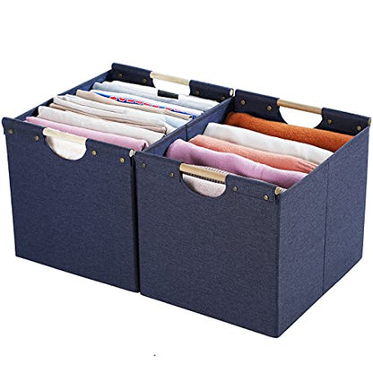 HOONEX Large Foldable Storage Bins, Linen Fabric, Pack of 2, Storage Baskets with Wooden Carry Handles and Sturdy Heavy Cardboard, for Home, Office, Car, Nursery, Blue - color: Blue