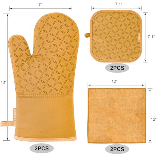 KEGOUU Oven Mitts and Pot Holders 6pcs Set, Kitchen Oven Glove High Heat Resistant 500 Degree Extra Long Oven Mitts and Potholder with Non-Slip Silicone Surface for Cooking （Orange） - color: Orange