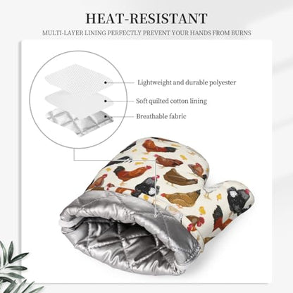 Rooster Hen Oven Mitts and Pot Holders Sets Silicone Rustic Domestic Animal Chicken Kitchen Mitts Potholders Heat Resistant 4Pcs Oven Gloves Hot Pads for Kitchen Baking Cooking BBQ Grilling - color: Rooster Hen