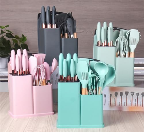 19 Pieces Kitchen Utensils and Knife Set with Block, Inldued 9 Pieces Silicone Cooking Utensils Set 5 Pieces Sharp Stainless Steel Chef Knives Scissors Whisk Tongs and Cutting Board (TEAL) - color: Teal