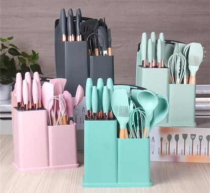 19 Pieces Kitchen Utensils and Knife Set with Block, Inldued 9 Pieces Silicone Cooking Utensils Set 5 Pieces Sharp Stainless Steel Chef Knives Scissors Whisk Tongs and Cutting Board (TEAL) - color: Teal