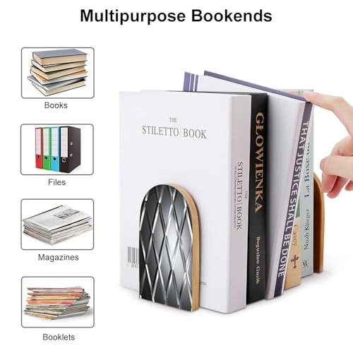 Silver Geometric Figure Bookends 1 Pair Heavy Duty Book Ends for Shelves Non-Skid Bookend Supports Wooden Book Holders with Metal Base Desk Organizers Books Storage to Hold Books