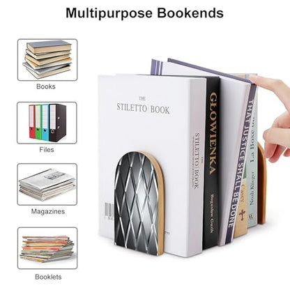 Silver Geometric Figure Bookends 1 Pair Heavy Duty Book Ends for Shelves Non-Skid Bookend Supports Wooden Book Holders with Metal Base Desk Organizers Books Storage to Hold Books