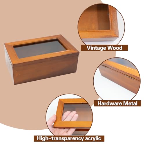 Wood Storage Box with Window, Rustic Style Square Pine Wooden Gift Box, Jewellery Organize Container Display Case for DIY Party Favor Gift Package, 6.8" x 4.4" x 2.5"