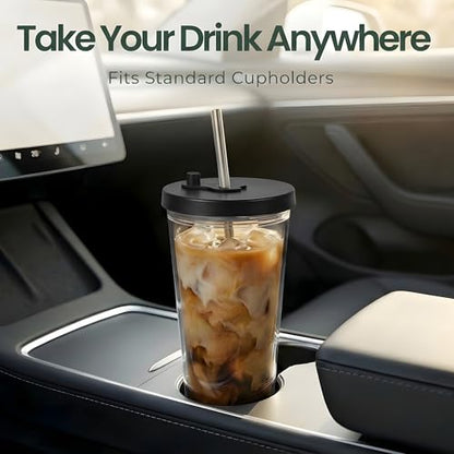 Reusable Iced Coffee Cup with Lid and Straw, 24 oz/Venti, BPA-Free Double-Wall Insulated Plastic Tumbler for Cold Drinks, Includes Clear Plastic Straw, Stainless Steel Straw and Cleaning Brush, Black - color: Black, size: 24 Ounces