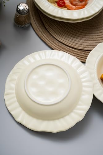 8.6" Ceramic Wide Rim Soup Bowls Set of 4, Cream Color Embossed | Italian-Inspired Floral Embossed Design with Matte Finish, Microwave & Dishwasher Safe, Ideal for Pasta, Salad, Soup and More