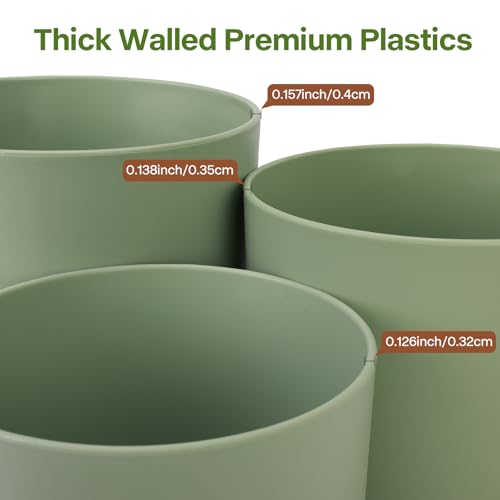3 Pack Cylinder Planter Set 10/9/8 Inch White Indoor Plant Pots | Modern flower pots with drainage holes and saucers. For outdoor garden, succulent, nursery, and house plants. - color: Green-brown