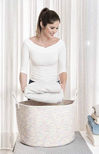 OrganiHaus Round Toy Basket & Blanket Basket, Cotton Rope 20x13" | Stitches Rainbow - Round Cotton Rope Basket, 20x13" - color: Stitches Rainbow, size: Wide