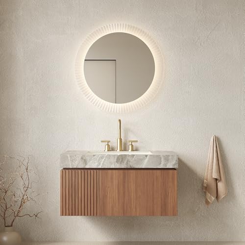 36" Floating Bathroom Vanity with Sink, MURI Wall Mounted Plywood Cabinet, Sintered Stone Countertop, Ceramic Basin with 3 Faucet Hole, Drawer & Door Storage, Pre-Assembled, Light Gray Top Brown Oak - color: Brown Oak,light Gray Top, size: 36"+Light Gray