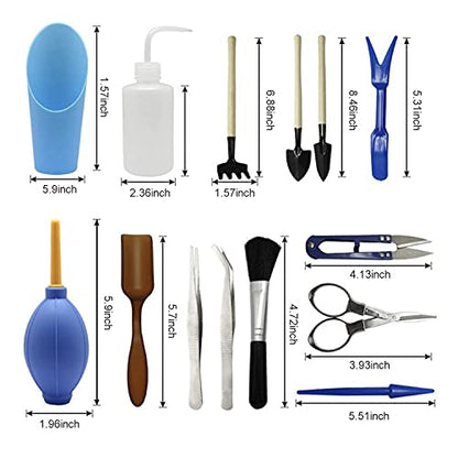 Tool Set Miniature, 14PCS Iron and Wood Garden Tool Set with Watering Bottle Brush Tweezers for Bonsai Transplanting Mini Potted Plants Home Office Garden
