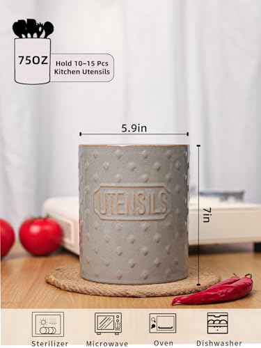 GDCZ Ceramic Utensil Holder 7 Inch, Utensil Crock for Countertop (Grey) | Large 7" Capacity, Sturdy Countertop Tool Organizer, Durable Ceramic, Embossed Utensils - color: Grey