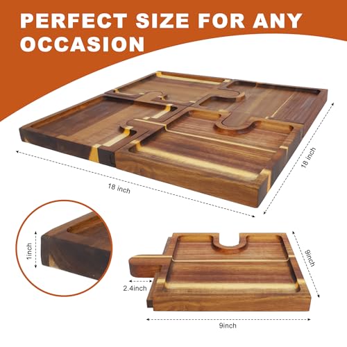 Wooden Charcuterie Boards Set of 4, Puzzle Serving Trays with Stand | Made from acacia wood,4-piece interlocking design,portable,18 inch ideal for charcuterie,snacks,appetizers,party & gatherings - size: 11.8" x 9" x 1"