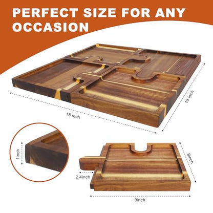 Wooden Charcuterie Boards Set of 4, Puzzle Serving Trays with Stand | Made from acacia wood,4-piece interlocking design,portable,18 inch ideal for charcuterie,snacks,appetizers,party & gatherings - size: 11.8" x 9" x 1"