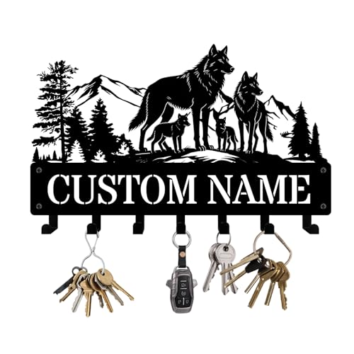 NIWAHO Metal Wolf Key Holder Wall Mount with Personalized Name – Woodland Theme Key Rack Wall Art Decor – Wolf Coat Hooks – Utility Hanger for Entryway, Bedroom, Kitchen, Office - color: Wolf