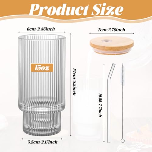 4 Pcs 15 Oz Glass Cups With Bamboo Lid And Straw, Clear Vintage Ribbed Drinking Glass Tumbler, Iced Coffee Cups For Juice, Cocktail, Beer, and Water