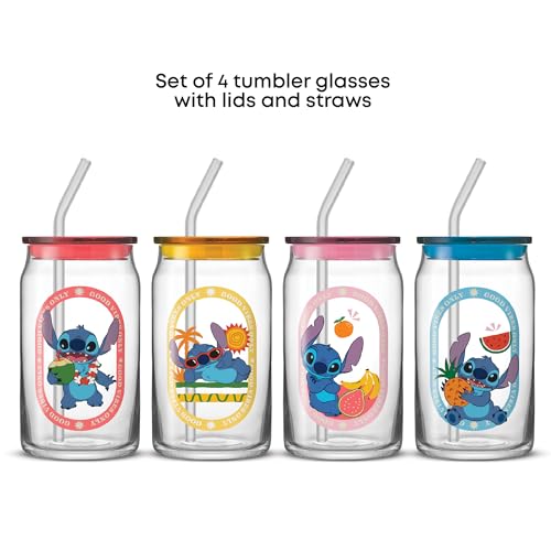JoyJolt Disney Stitch Island Vibes Glass Tumblers with Lids and Straws, 16oz Glass Cups with Lids and Straws, Can Shaped Drinking Glasses Set of 4, Stitch Stuff, Disney Gifts for Adults - style: Stitch