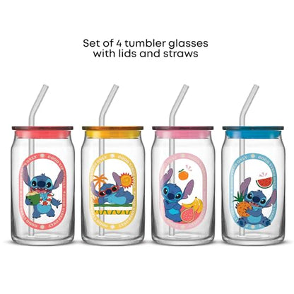JoyJolt Disney Stitch Island Vibes Glass Tumblers with Lids and Straws, 16oz Glass Cups with Lids and Straws, Can Shaped Drinking Glasses Set of 4, Stitch Stuff, Disney Gifts for Adults - style: Stitch