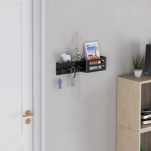 MKO Key Holder Wall Mount, Adhesive Key Hanger with 4 Hooks for Wall, Black | Metal Material, Key Rack with Shelf, Wall Mount, Mail Organizer Tray, Suitable for Entryway, Hallway, Living Room - color: Black with Shelf