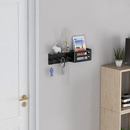 MKO Key Holder Wall Mount, Adhesive Key Hanger with 4 Hooks for Wall, Black | Metal Material, Key Rack with Shelf, Wall Mount, Mail Organizer Tray, Suitable for Entryway, Hallway, Living Room - color: Black with Shelf