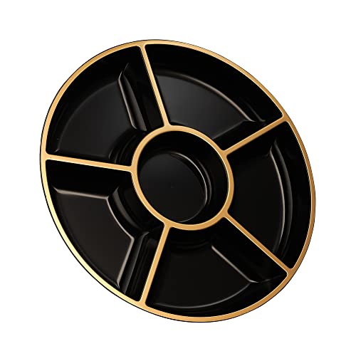 Plasticpro 6 Sectional Round Plastic Serving Tray/Platters Black & Gold Pack of 4 - color: Black & Gold