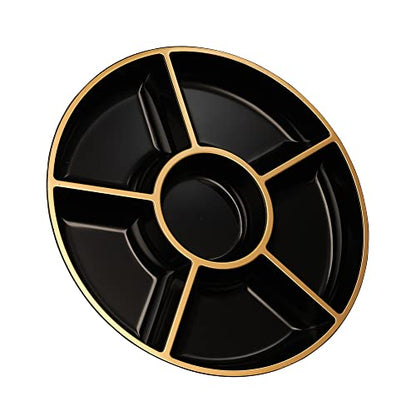 Plasticpro 6 Sectional Round Plastic Serving Tray/Platters Black & Gold Pack of 4 - color: Black & Gold