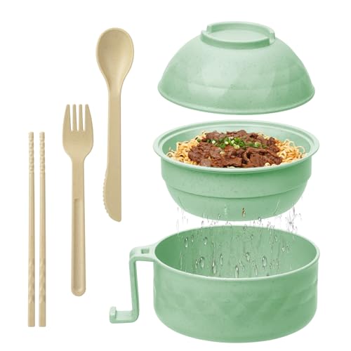 Ramen Cooker,32oz Ramen Bowl Set,Microwave Ramen Bowl, Microwave Bowl with Lid, Portable Noodle Bowls,for Home Office Dorm Room College gift (Green) - color: Green