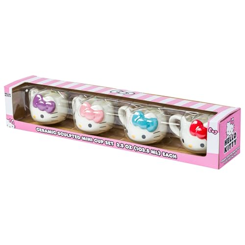 Silver Buffalo Sanrio Hello Kitty Cream Bows, 3D Mini Cup Set, 4pk, 3.5oz | Different Color, Pack, Sculpted Ceramic Mug, Perfect for Sugar or Milk, 0.1 Liters - color: White/Multi