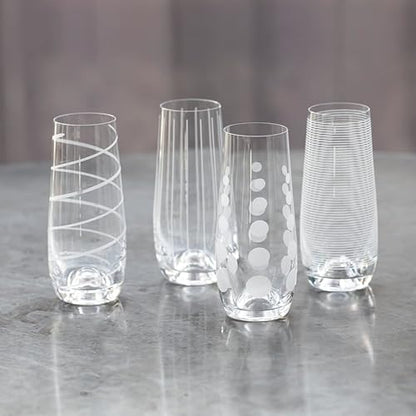 Mikasa Cheers Stemless Flutes, 7.5 Oz - Clear, Set of 4 | Lead-Free Crystal Drinkware with Dot, Line & Swirl Designs for Champagne, Prosecco, Cocktails & Mimosas, Dishwasher Safe - style: Stemless Flutes