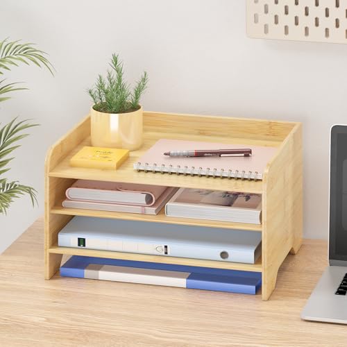 Bamboo File Organizer for Desk, Desktop Paper Tray and Mail Holder | Three open tiers keep A4/letter paper, folders, bills and mail sorted, visible and easy to reach while saving desk space - color: Nature, size: Small
