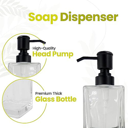 Square Glass Clear Lotion and Soap Pump Dispenser Set with Metal Stand Caddy for Bathroom Bath Kitchen Home Office Travel Hotel Hand Crafted Heavy Weight Matte Black - color: Black