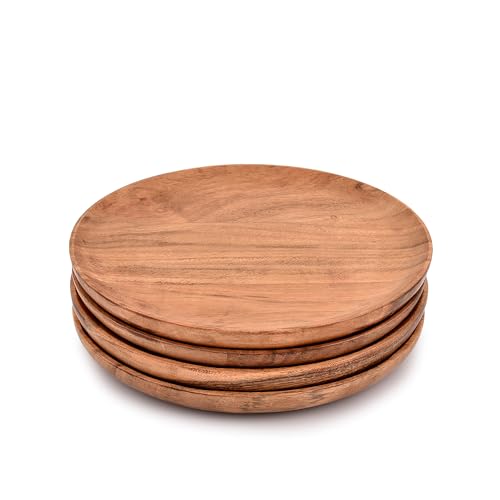 Acacia Wood Dinner Plates Set of 4 for Dishes Snack, Dessert Natural Wood Plates Serving Dinnerware Plate for Dinner (8" x 8" x 0.75")