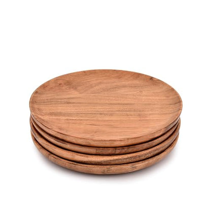 Acacia Wood Dinner Plates Set of 4 for Dishes Snack, Dessert Natural Wood Plates Serving Dinnerware Plate for Dinner (8" x 8" x 0.75")