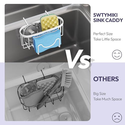 SWTYMIKI Sponge Holder for Kitchen Sink - Movable Kitchen Sink Caddy with M Shape Hook, Stainless Steel Hanging Sponge Caddy for Dish Sponge, Brush, Stopper Organizer in Double Bowl Sink, White - color: White-regular