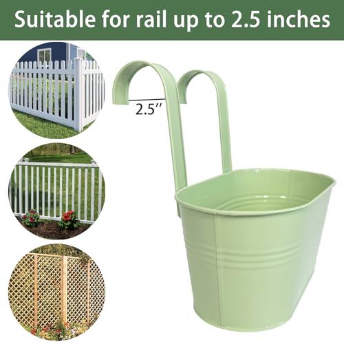 6 Pack 10" Balcony Hanging Metal Fence Planters Flower Pots, Mint Green | Removable hook, Drainage hole, Rustproof, For flowers / herbs / succulents, veggies, For railings / fences / balconies - color: Mint Green