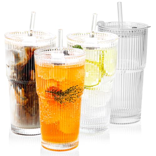 Ribbed Glass Tumbler Set of 4-20oz Coffee Tumbler with Lids and Straws - Leakproof Inverted for Iced Coffee, Smoothies & Cocktails - Glasses Drinking Set & Drinking Cups Durable Glassware