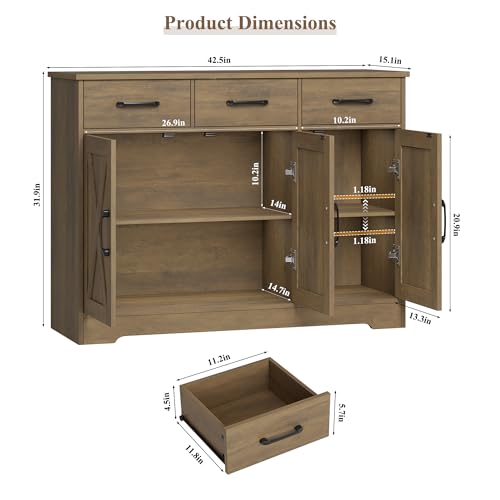 HOSTACK Kitchen Buffet Cabinet with Storage, Sideboard Coffee Bar, Brown | Farmhouse Kitchen Storage Cabinet with 3 Drawers & Adjustable Shelf, 42.5"W Buffet Table for Dining Living Room - color: Rustic Brown
