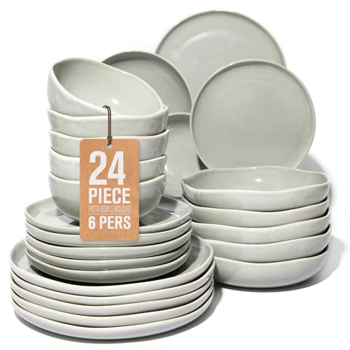 24 Pieces Dinnerware Set for 6 with Pasta Bowls, Complete Ceramic Dish Set, Stackable & Glossy Stoneware Plate and Bowl Set for Effortless Everyday Hosting, Gray Green - color: Dusty Green, size: Set (24pcs-6)