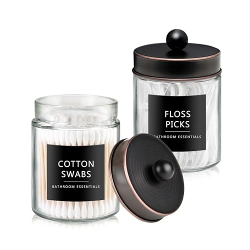 SheeChung 2 Pack Glass Qtip Holder with ORB Stainless Steel Lids | Apothecary Jars with Stickers, Modern Farmhouse Bathroom Vanity Organizer for Cotton Swabs, Balls, Pads (Oil Rubbed Bronze) - color: Oil Rubbed Bronze, size: 2 pack