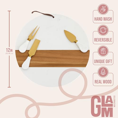 Marble Charcuterie Board Gift Set – 12" Round Cheese Board with 3 Gold Stainless Steel Knives, Leather Strap & Gift Box | Housewarming Gifts for Women, Bridal Shower, Wedding & Hostess Gift