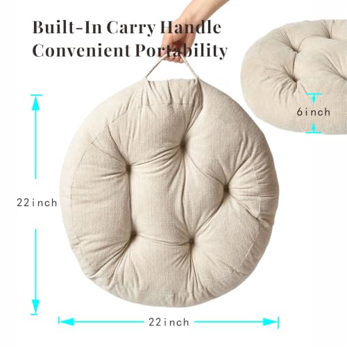 Floor Pillow Cushion with Handle for Adults Women Men | Large Meditation & Sitting Cushion Pillow for Tatami, Living Room, Yoga (1, Beige, Round, 22" x 22" x 6") - color: Beige, Round