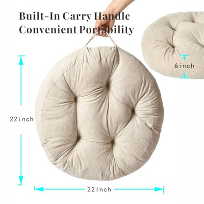 Floor Pillow Cushion with Handle for Adults Women Men | Large Meditation & Sitting Cushion Pillow for Tatami, Living Room, Yoga (1, Beige, Round, 22" x 22" x 6") - color: Beige, Round