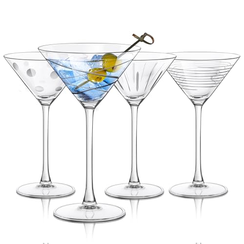 Joeyan Handmade Etched Martini Glasses,Crystal Cocktail Glassware with Dots Strips Pattern,Drinking Glasses for Espresso Martini Cosmopolitan Manhattan Gimlet,Set of 4,8.5 oz - color: Etched Dots Swirls Strips Patterned Martini Glasses