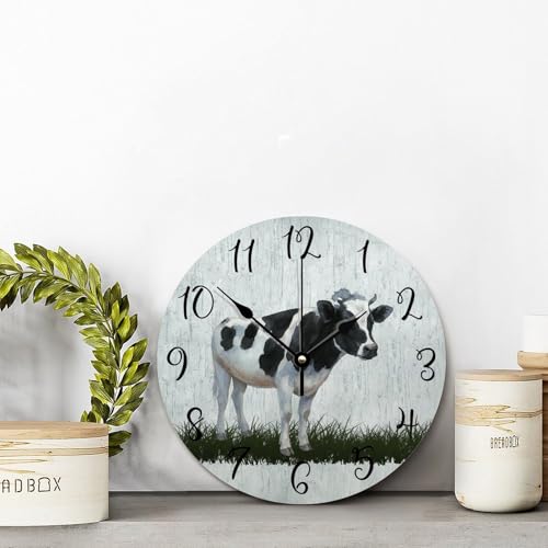 Holstein Cow Wall Clock Milk Cow Clock Kitchen Wall Clock Silent Non-Ticking Wooden Wall Clock Battery Operated Living Room Clock Farmhouse Decor Rustic Home Decor for Office 10 inch