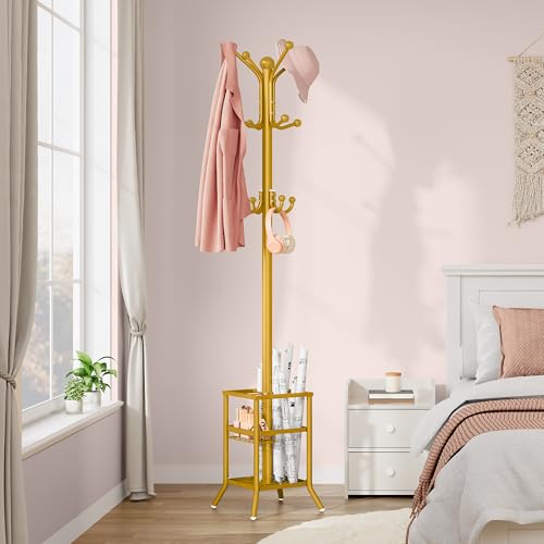 FAVOOSTY Coat Rack Freestanding,Coat Rack Stand with Umbrella Holder,Metal Coat Tree with 12 Hooks,Tree Clothes Hat for Entryway, Hallway, Bedroom, Living Room & Office -Glod - color: Gold