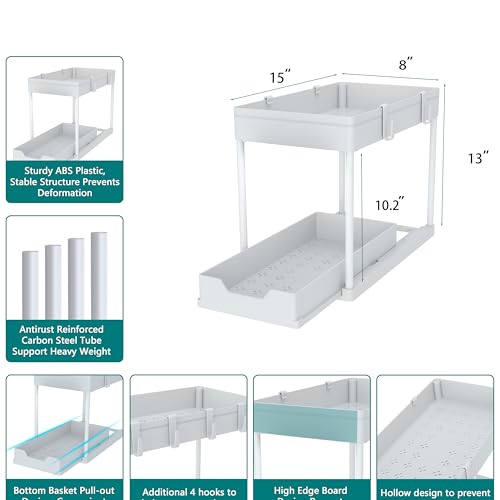 DEKAVA Cabinet, 2 Pack Under Sink Organizer, 2 Tier Sliding Bathroom Kitchen Organizer, Large White ABS Baskets, Easy Install & Clean - color: White