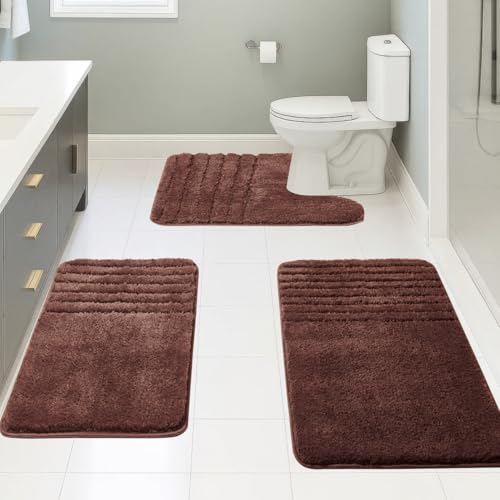 Bath Rugs Set 3 Pieces Bathroom Mat Soft Absorbent Plush Shaggy Soft Floor Non Slip Shower Bath Tub Machine Washable (Cocoa-Strip, 20"x32"/20"x20"/17"x24") - color: Cocoa-strip, size: 20"x32"/20"x20"/17"x24"