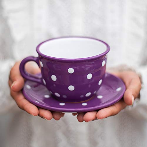 City to Cottage Handmade Purple and White Polka Dot Large Ceramic 12oz/350ml Cappuccino Coffee Tea Cup and Saucer, Unique Designer Pottery for Tea Lovers - color: Purple - 12oz (350ml)